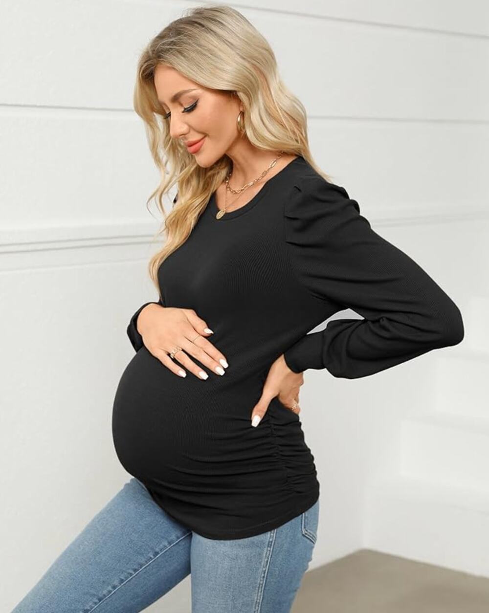 Onedreamer Maternity Solid Black Long Sleeve Top NEW